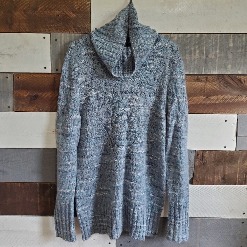 𝅺RUFF Hewn Wool Blue White Cowl Neck Cable Knit Sweater Size XL